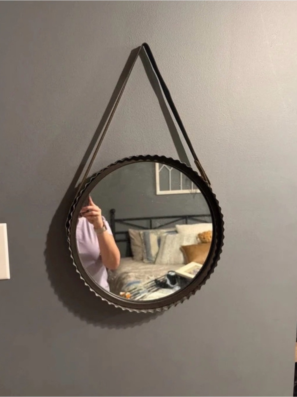 Scalloped Round Wall Mirror with Hanging Strap in Black